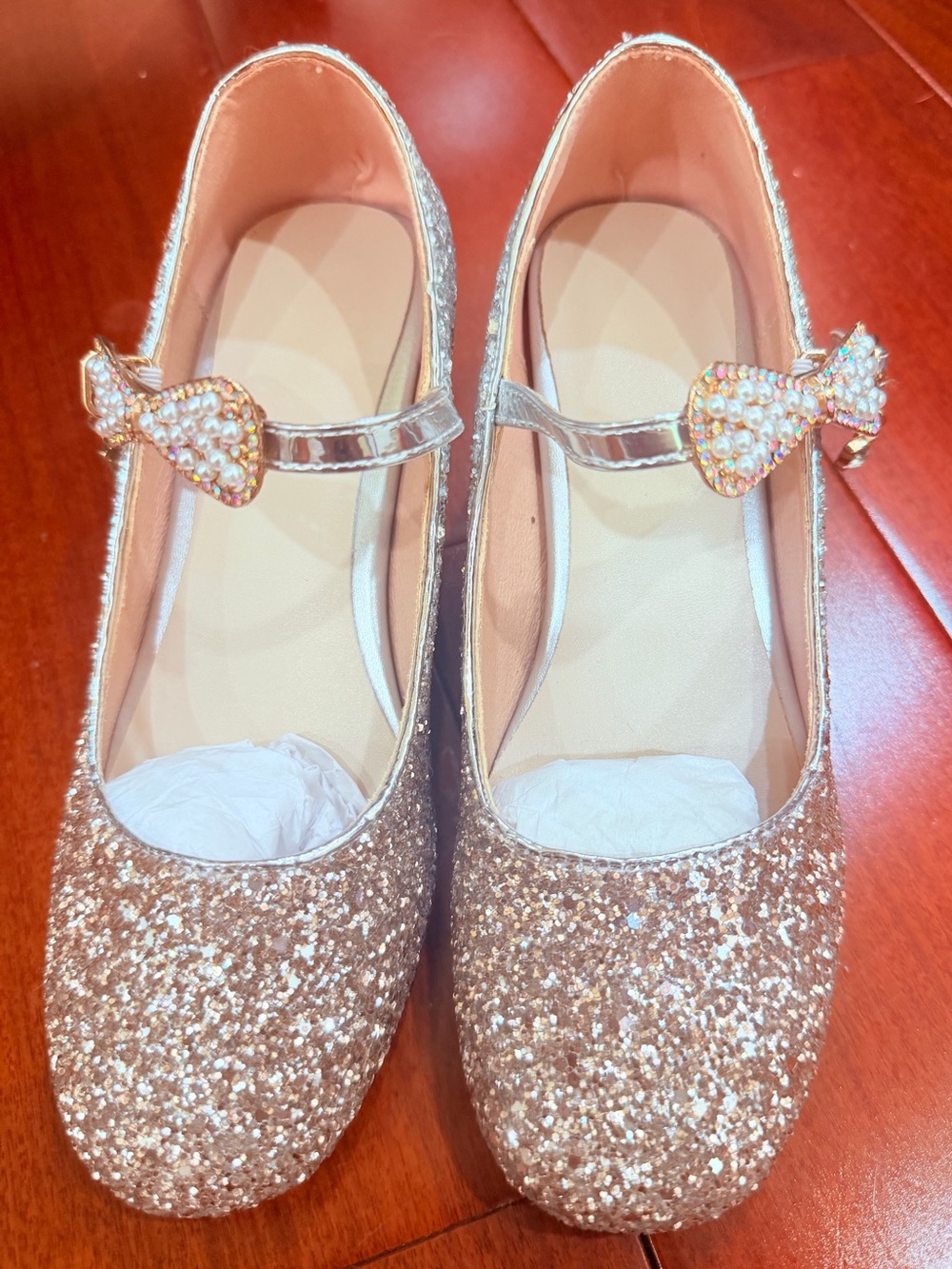 Girls' Glitter Mary Jane Heels with Bow Strap - Rose Gold